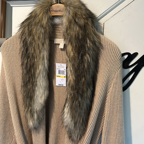 NWT Faux Fur Shawl Collar Open Sweater with Tie CAMEL & GOLD FLECKS US M… - Picture 4 of 8
